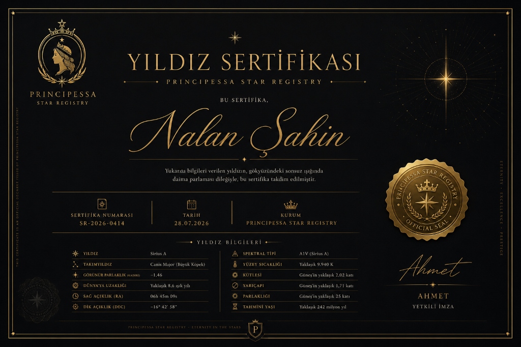 Principessa Star Registry - Nalan Şahin Yıldız Sertifikası